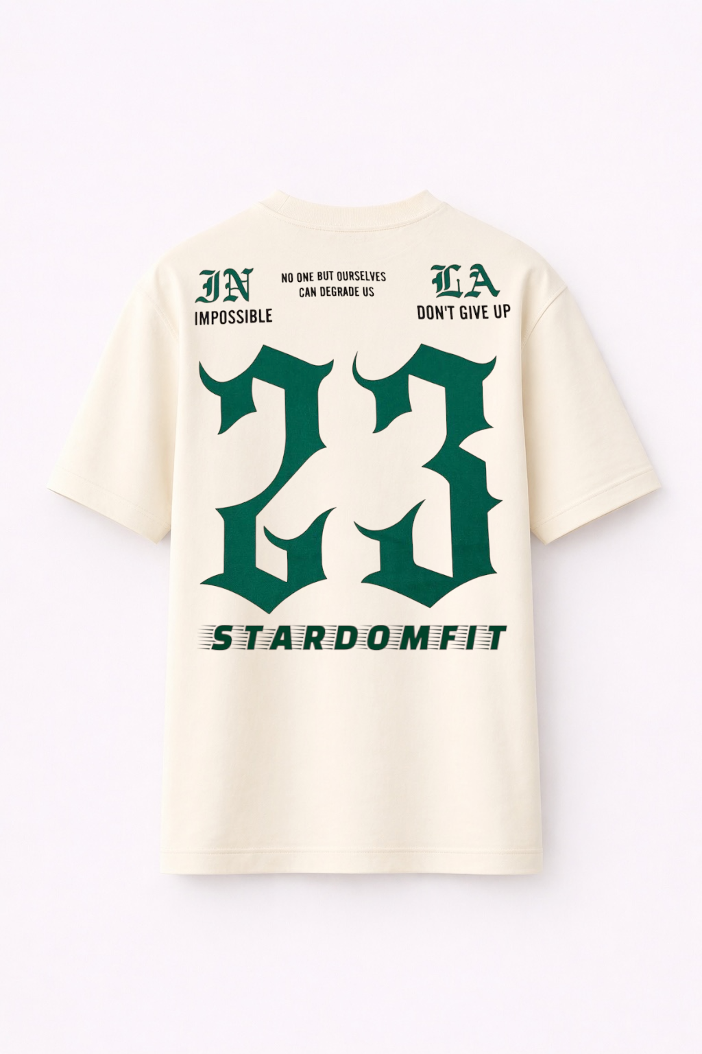 Stardomfit “23” Oversized Graphic T-Shirt – Cream White / Green Gothic Print